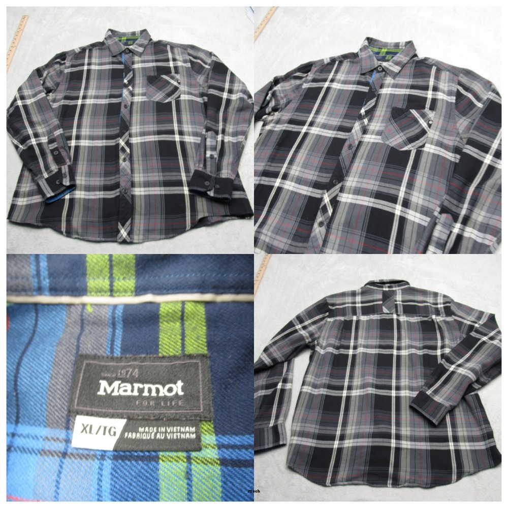 Marmot Flannel Shirt Men XL Black Red Plaid Long Sleeve Button Up Outdoor Hike